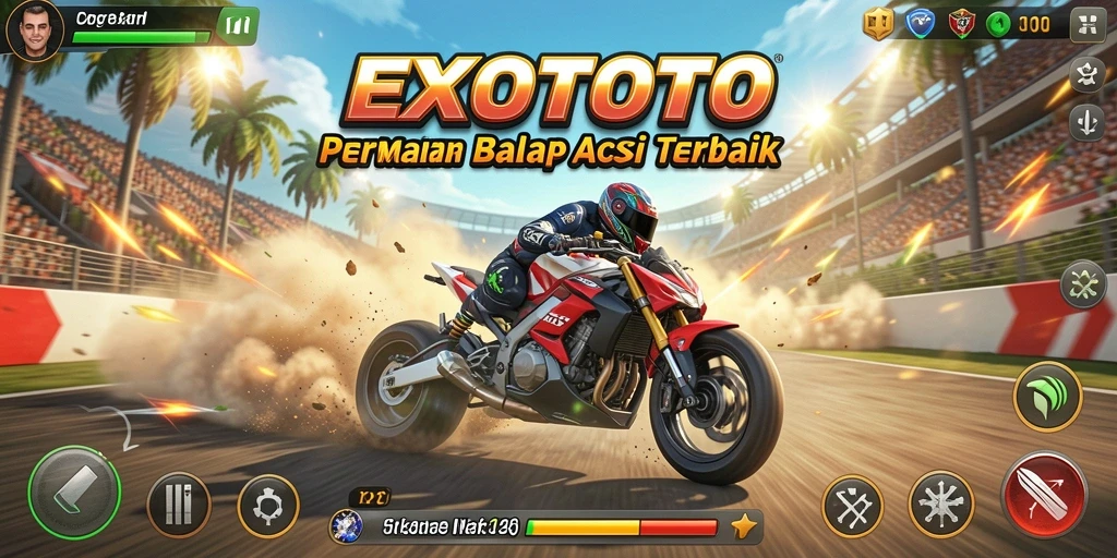 Tangkapan layar gameplay <strong>EXOTOTO</strong> yang menampilkan aksi balapan mendebarkan.