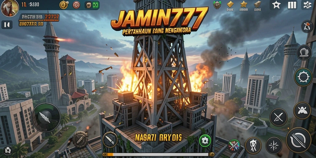 Tampilan gameplay JAMIN777 yang mendebarkan dengan menara dan musuh.