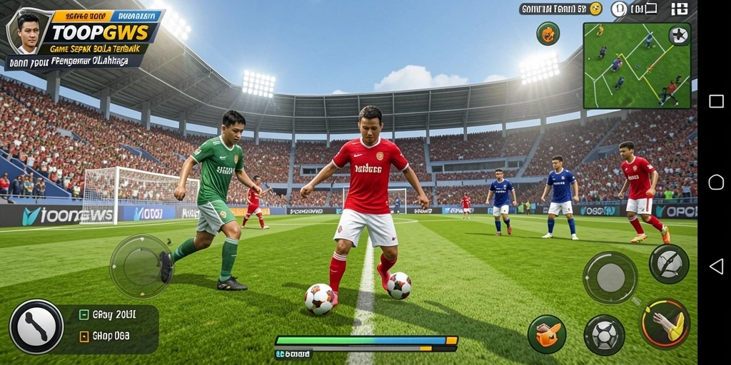 Screenshot gameplay TOOPGWS menampilkan aksi sepak bola yang mendebarkan.